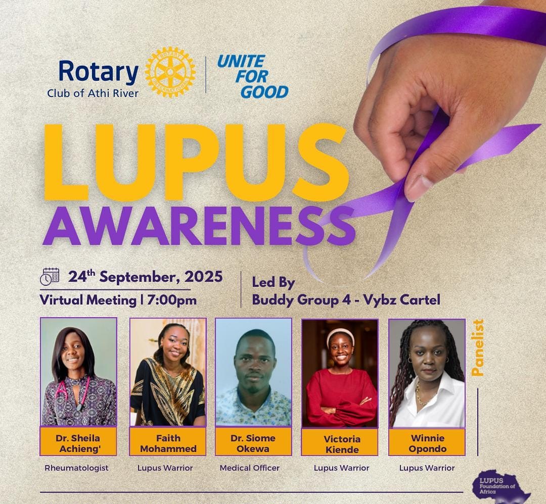 Flyer for a virtual lupus awareness session with the Rotary Club of Athi River on 24 September 2025, with a rheumatologist, a medical officer and three lupus warriors on the panel